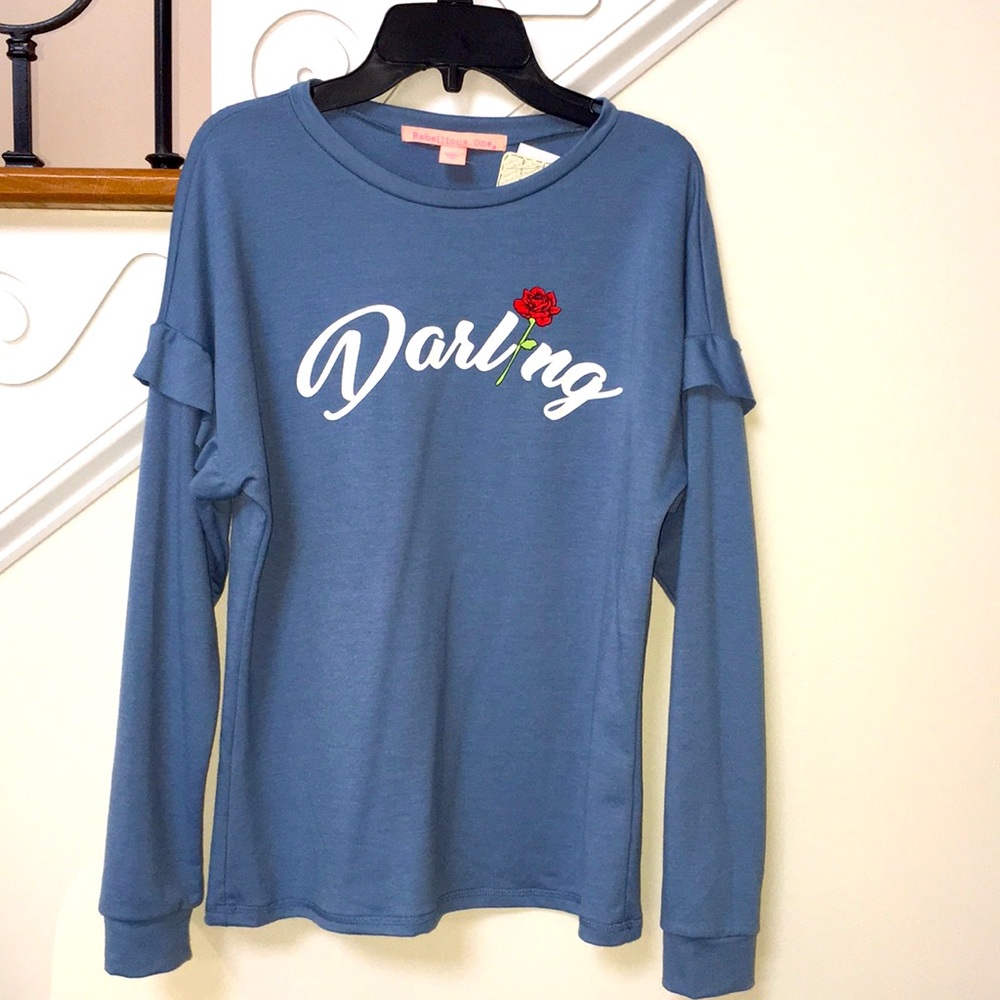 Rebellious One Girls Top XS Blue Long Sleeves Darling Rose Graphic Tee NWOT